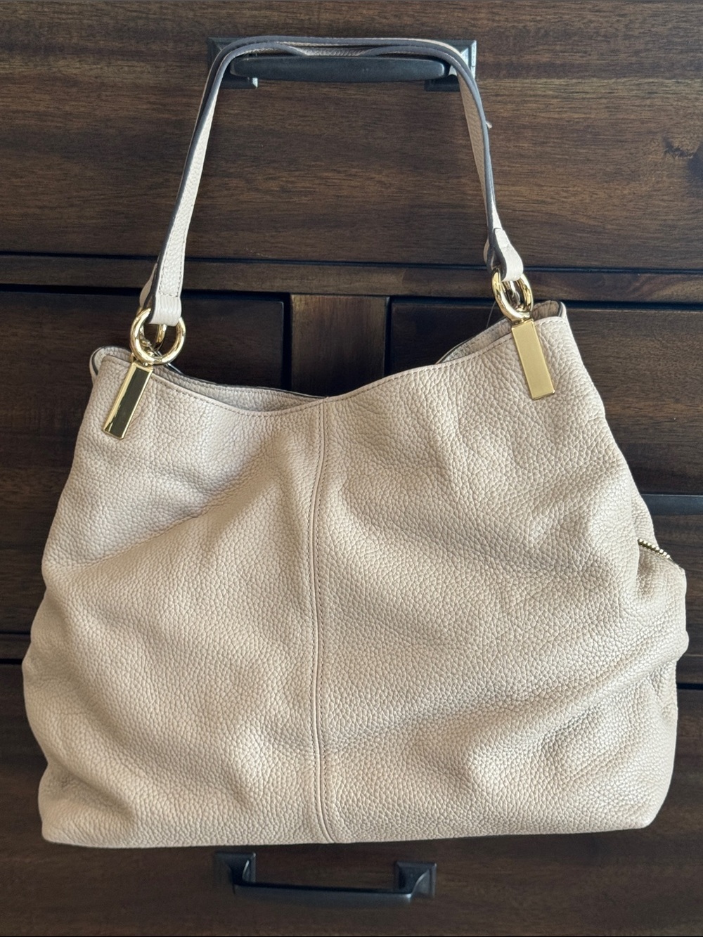 Vince Camuto Pebbled Cream Leather Shoulder Bag with Gold Hardware